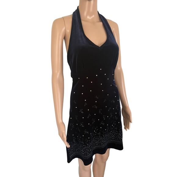Y2K Velvet Halter Dress Rhinestone Navy Blue Floral Babydoll Bling Gothic Mini - Picture 2 of 5